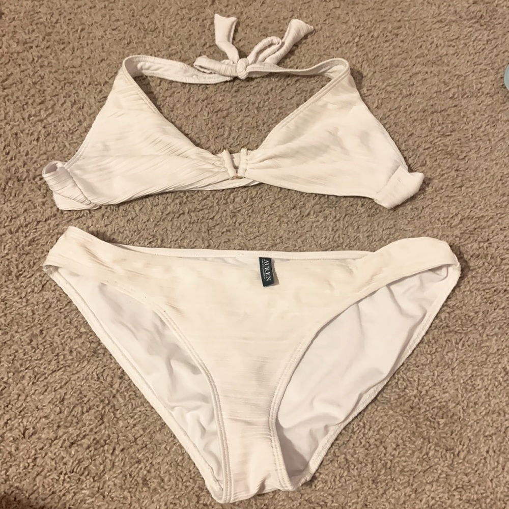 Ralph Lauren swimsuit, ribbed material with gold V-cut in the top